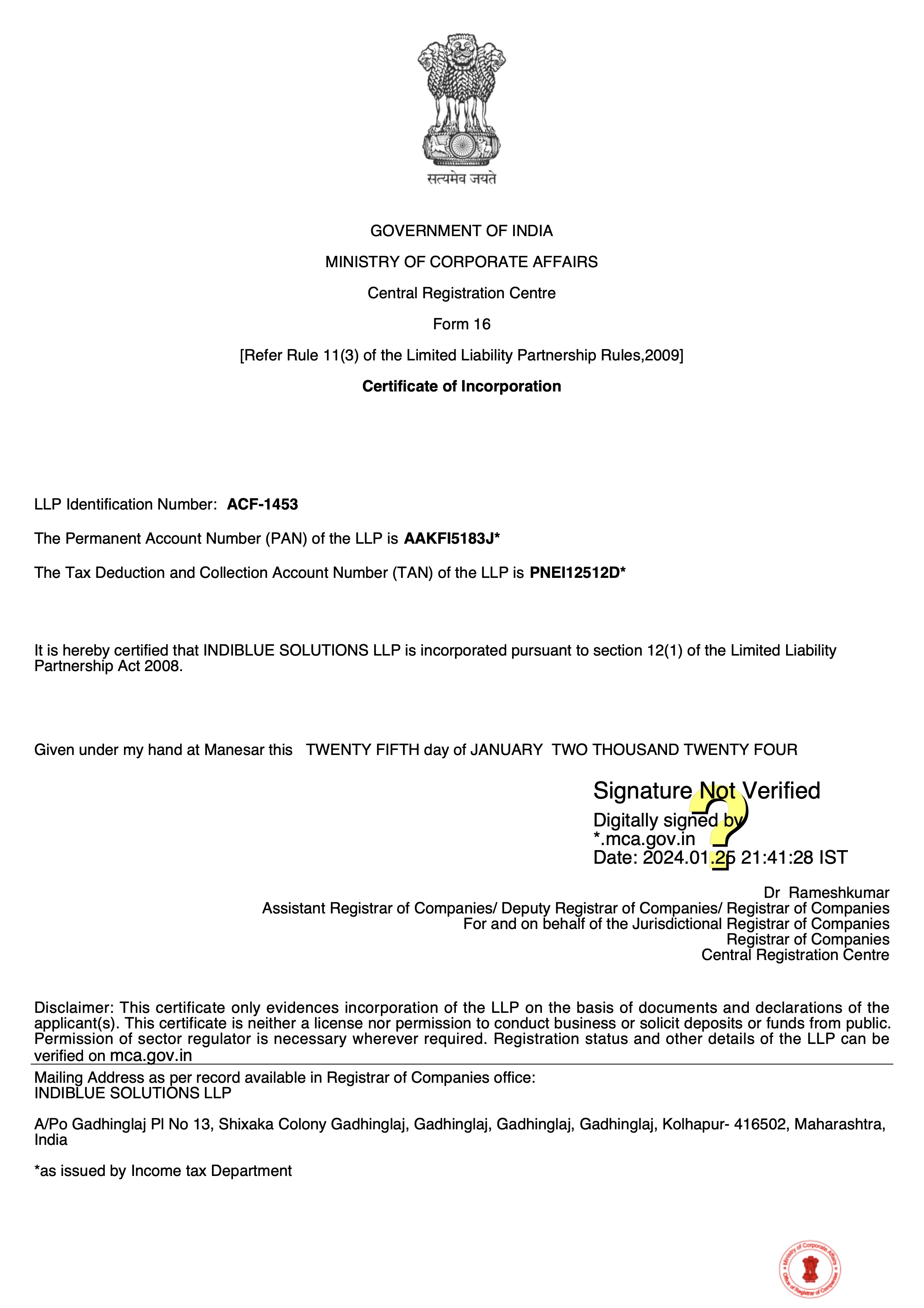 Certificate of Incorporation issued by Ministry of Corporate Affairs