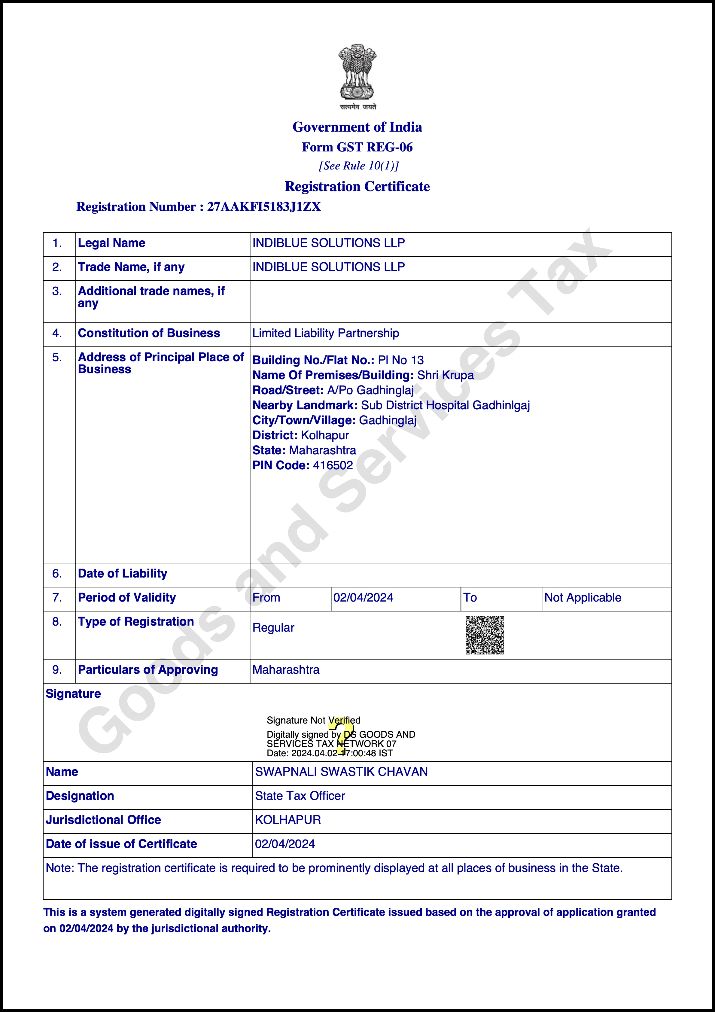 GST Registration Certificate issued by Government of India